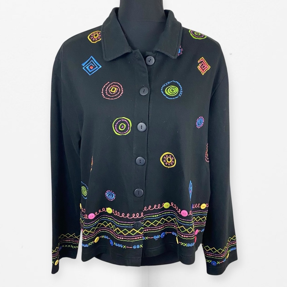 Coldwater Creek Black knit Button up Jacket with Colorful Embroidery XL P